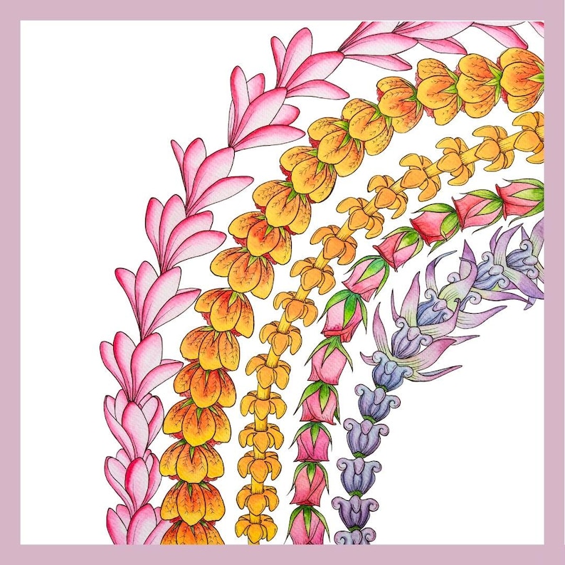 May include: Watercolor illustration of a floral design featuring a semi-circular arrangement of various flowers in shades of pink, orange, yellow, and purple. The flowers are arranged in rows against a white background.