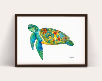 Impressão de aquarela de tartaruga marinha verde | Arte da vida marinha havaiana | Decoração de parede do oceano | Ilustração de animal costeiro | Presente de casa de praia