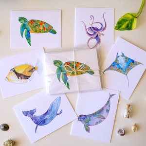 Juego de 6 tarjetas de felicitación con motivos de vida marina hawaiana, tarjetas de agradecimiento en blanco dobladas, papelería con motivos florales y animales en acuarela.