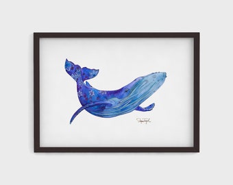 Impressão de aquarela de baleia jubarte | Arte de parede costeira | Decoração de berçário náutica