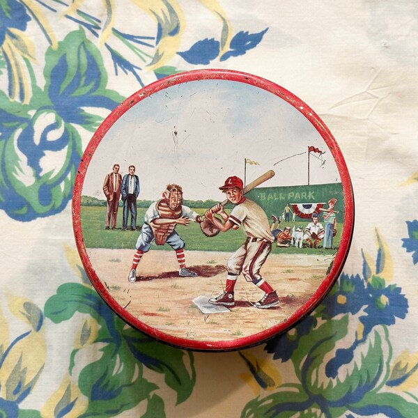 Baseball Tin, Cherrydale Farms Candy Tin, Cashew Butter Crunch Tin, 1960s