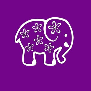 May include: A white elephant illustration with floral accents on a purple background. The elephant's body is filled with white flowers, and the outline is also white. The design is simple and graphic.