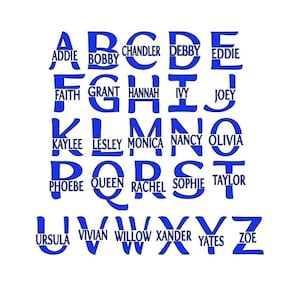 May include: A white background features the alphabet in blue, each letter with a name inside. Names include Addie, Bobby, Chandler, Debby, Eddie, Faith, Grant, Hannah, Ivy, Joey, Kaylee, Lesley, Monica, Nancy, Olivia, Phoebe, Queen, Rachel, Sophie, Taylor, Ursula, Vivian, Willow, Xander, Yates, and Zoe.