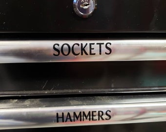 Toolbox Decals personalized - permanent vinyl. Decal only. Label toolbox drawers, storage bins, peg board, cabinets, drawers, jars and more.