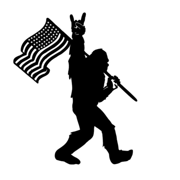 Sasquatch Bigfoot holding flag decal - permanent vinyl - perfect for mancave, Yeti & Rtic cups, coolers, car windows, etc. Decal only.