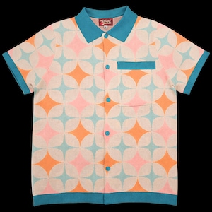 May include: A short-sleeved button-down shirt with a geometric pattern of orange, pink, and light blue diamonds on an off-white background. The shirt has a teal collar, pocket, and sleeve trim. The brand name "Sleepy Youth" is visible on the collar.