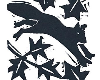 Linoleum block print of a squirrel leaping through tree branches titled LEAP