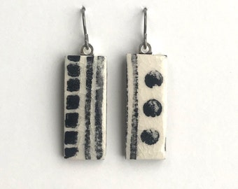Ceramic Earrings handprinted with stripes and dots black and white