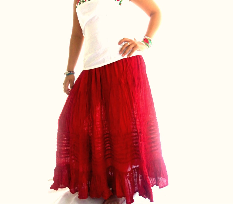 Soft Red Mexican Maxi Skirt gauze fabric