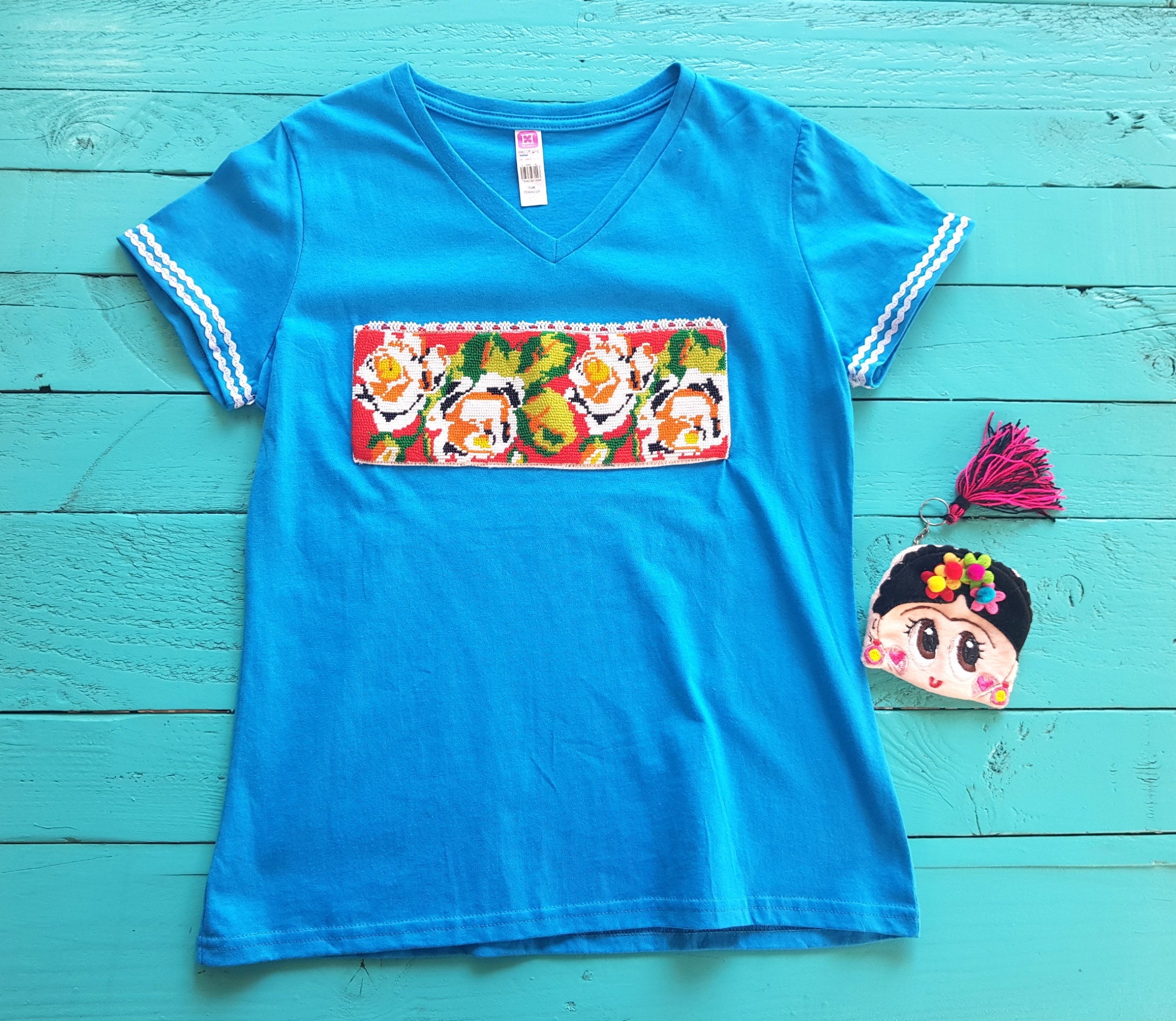 Mexican Tshirt Blue T shirt Mexican Embroidered Tshirt Boho | Etsy