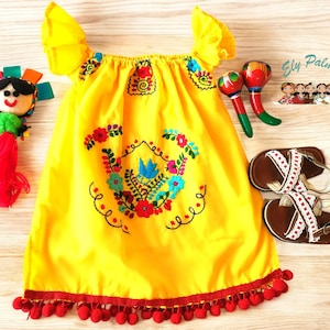 Off shoulders Yellow Baby Mexican Dress, Mexican Fiesta Dress, Hand Embroidered mexican dress for babys, Embroidered Mexican Dress, Frida