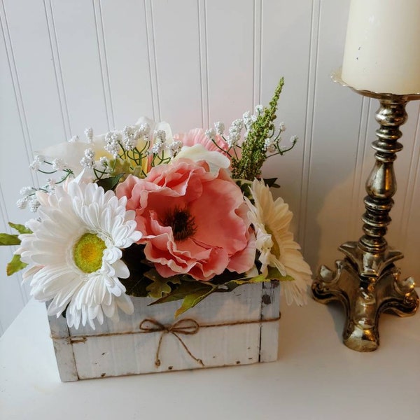 Pink & white floral arrangement in a white distressed wood box, farmhouse decor, reclaimed wood, rustic floral arrangement, daisy floral
