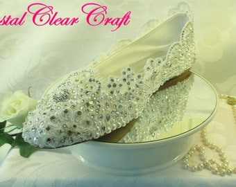 Flat Bridal Shoes, Lace Ivory/White, Crystal Gems, Pearls