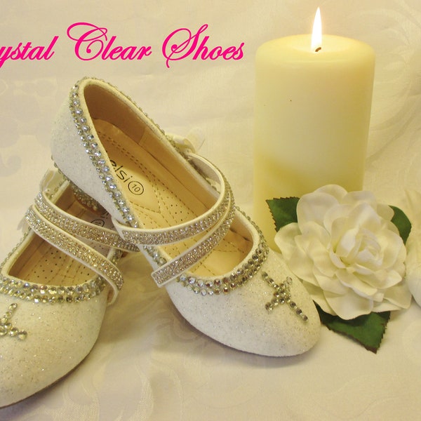 Communion Shoes, Kid's White Glitter bridal Shoes