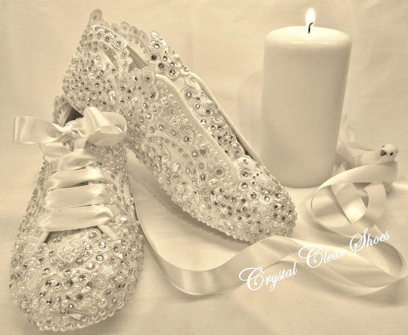 Lace Wedding Trainers, Bridal Trainers, Crystal gems and Pearls image 1