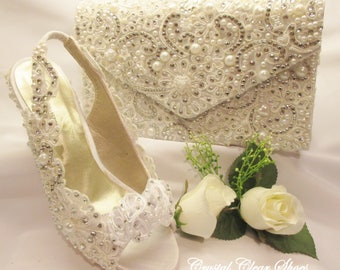 Lace Open toe Wedding shoes, Lace Bridal Bag, Pearl and Crystal Gems, Sling Back Bridal Shoe