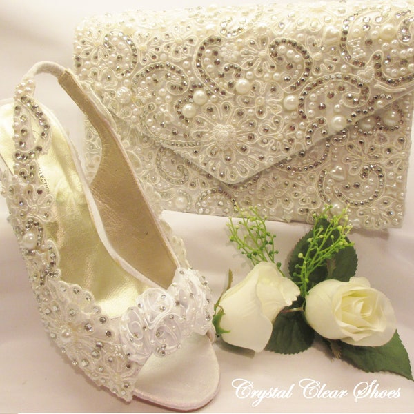 Lace Open toe Wedding shoes, Lace Bridal Bag, Pearl and Crystal Gems, Sling Back Bridal Shoe