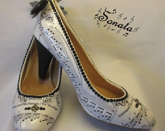 Music Shoes, Womens Heels, Customised, Decoupage,  Crystal gems