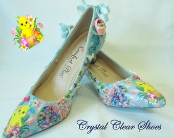 Easter Shoes, Glitter, Decoupage, Satin bow.