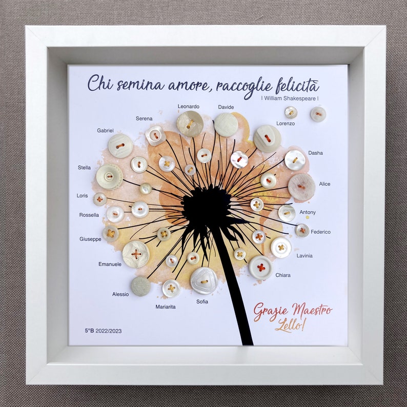 May include: A framed artwork featuring a dandelion with buttons attached to the seeds. The buttons are white with different coloured centres. The dandelion is on a white background with the text "Chi semina amore, raccoglie felicită" and "William Shakespeare I" in black. The text "Grazie Maestro Gello!" is written in red and black. The text "5&deg;B 2022/2023" is written in black at the bottom.