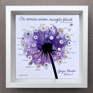 May include: A framed watercolour painting of a dandelion with a purple background. The dandelion is made of white buttons with names written around it. The quote "Chi semina amore, raccoglie felicită" is written at the top of the painting. The quote is attributed to William Shakespeare. The text "Grazie Maestra Rebecca!" is written at the bottom of the painting.