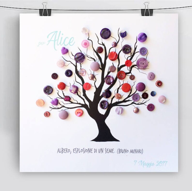 May include: A black silhouette of a tree with a white background. The tree is decorated with colorful buttons in shades of red, pink, purple, and white. The text "Alice" is written in cursive at the top of the image. The text "ALBERO, ESPLOSIONE DI UN SEME. (BRUNO MUNARI)" is written at the bottom of the image. The date "7 Maggio 2017" is written below the text.