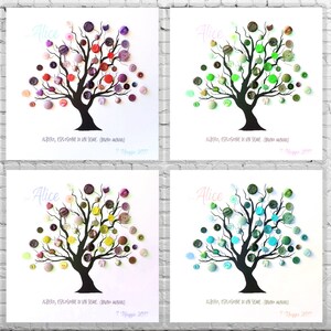 May include: Four variations of a button art tree with the name Alice and the text "ALBERO, ESPLOSIONE DI UN SEME (BRUNO MUNARI)" and "7 Maggio 2017". The trees are made with different colored buttons, including red, green, yellow, and blue.