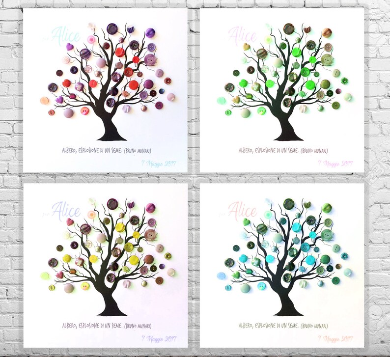 May include: Four variations of a button art tree with the name Alice and the text "ALBERO, ESPLOSIONE DI UN SEME (BRUNO MUNARI)" and "7 Maggio 2017". The trees are made with different colored buttons, including red, green, yellow, and blue.