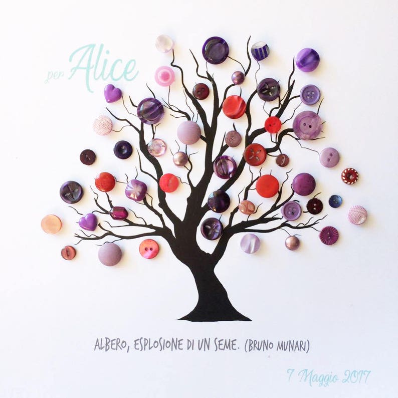 May include: A black silhouette of a tree with purple, pink, and red buttons arranged around it. The text "Alice" is written in cursive at the top of the image. The text "ALBERO, ESPLOSIONE DI UN SEME. (BRUNO MUNARI)" is written at the bottom of the image. The text "7 Maggio 2017" is written below the previous text.