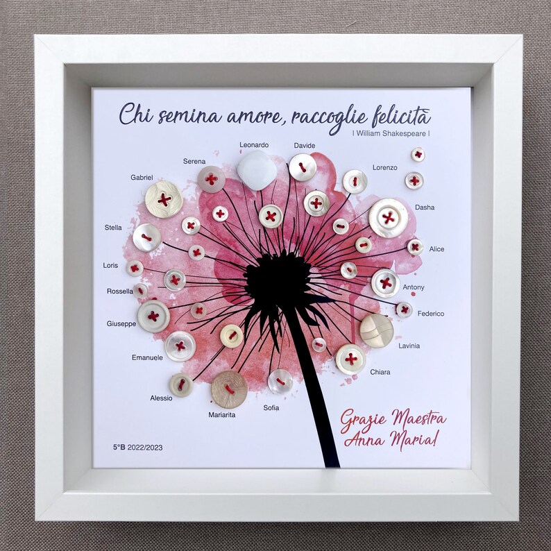 May include: A framed art print featuring a watercolour dandelion design. The dandelion is surrounded by white buttons with red stitching. Each button has a name written next to it. The text at the top reads "Chi semina amore, raccoglie felicita William Shakespeare I". The text at the bottom reads "Grazie Maestra Anna Marial!"
