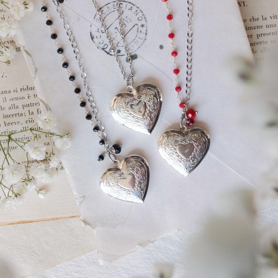 Silver Heart Locket Necklace. Long Rosary Necklace. Gold Heart