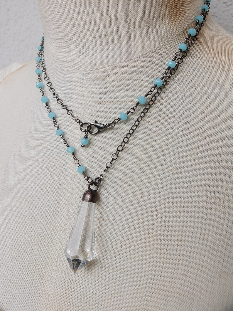 OOAK jewelry Stained Glass jewelry Long rosary chain Romantic necklace Vintage jewelry Soldered crystal prism pendant