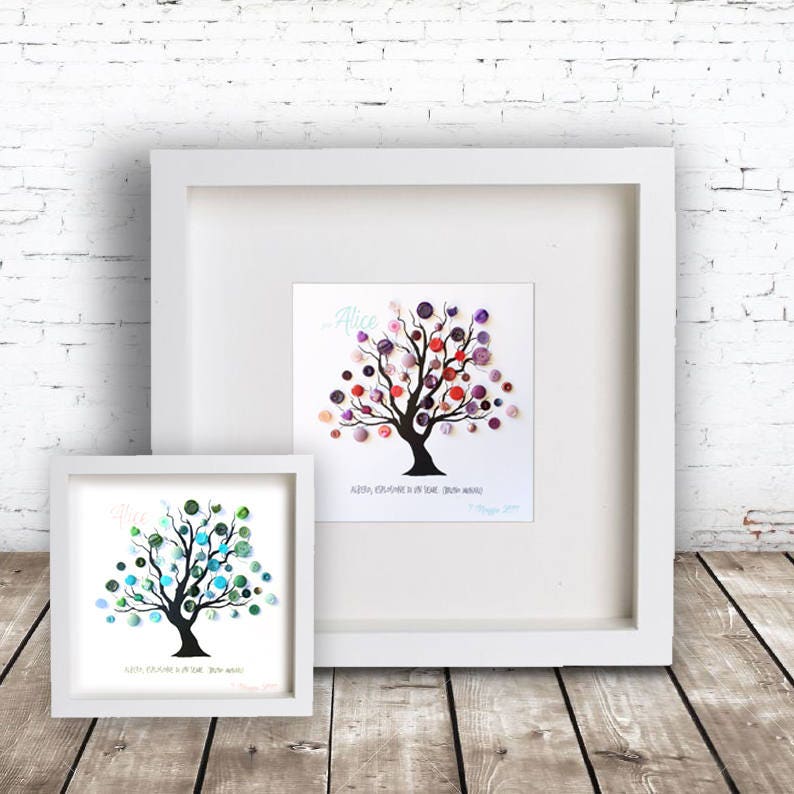 May include: Two framed button art pieces with a tree silhouette and the names "Alice" and "Jack" in cursive. The buttons are arranged in a gradient pattern of pink, purple, red, green, and blue.