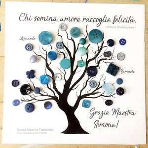 May include: A black silhouette of a tree with blue and teal buttons attached to the branches. The tree is surrounded by text in Italian, including the quote "Chi semina amore raccoglie felicită." by William Shakespeare. The text at the bottom reads "Scuola Materna Fabilandia. Anno Scolastico 2017/2018" and "Grazie Maestra Simona!"