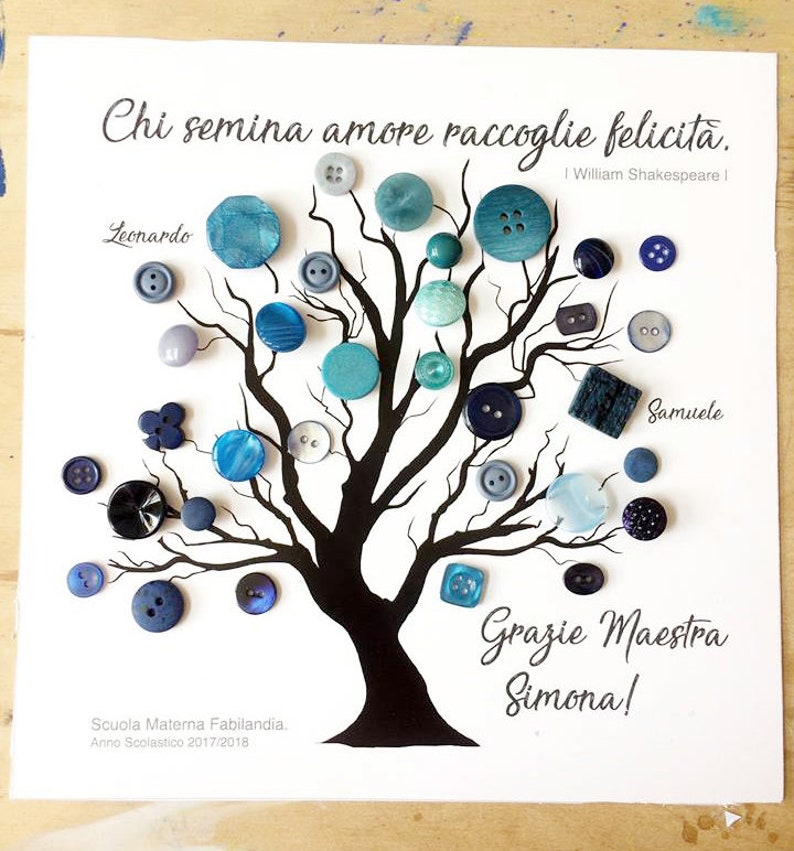 May include: A black silhouette of a tree with blue and teal buttons attached to the branches. The tree is surrounded by text in Italian, including the quote "Chi semina amore raccoglie felicită." by William Shakespeare. The text at the bottom reads "Scuola Materna Fabilandia. Anno Scolastico 2017/2018" and "Grazie Maestra Simona!"