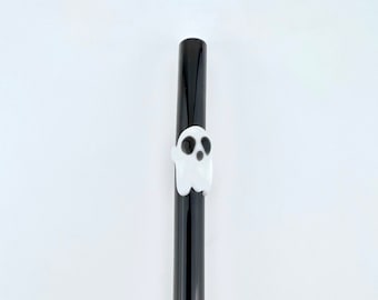 Ghost on Black GLASS STRAW - Custom Straws | Reusable Straws | Glass Straws | Ghost Straws | Black Straws | Halloween Straws | Ghost Gifts