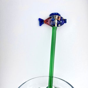 Glass Fish on Green Stir Stick - Drink Stirrers | Custom Stir Stick | Glass Stir Sticks | Fish Stir Sticks | Swizzle Sticks | Cocktail Stick