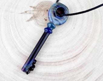 Handblown Glass Skeleton Key Pendant: Colorful Borosilicate Necklace