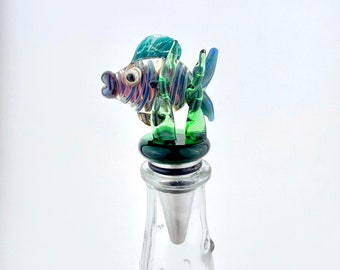 Glass Fish in Seaweed Bottle Stopper on Metal | Made to Order Glass Wine Stopper | Beer Stopper | Unique Gifts | Fish Gifts | Wine Gifts