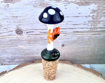 Handblown Glass Frog on Mushroom Bottle Stopper - Unique Wine Gift