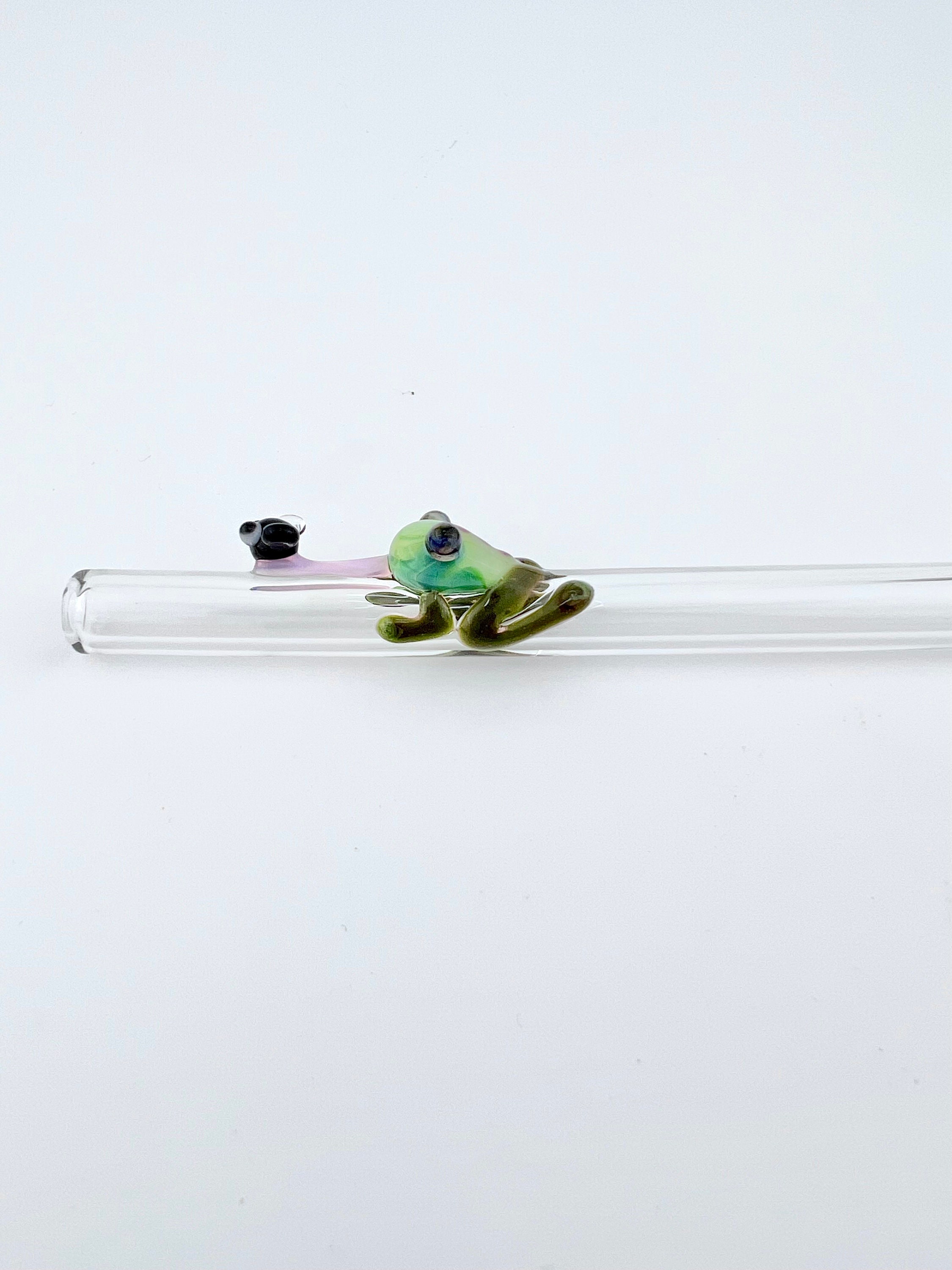 Hummingbird Glass Straws Purple Frog on Clear Straight 8 in x 9.5 mm with Cleaning Brush