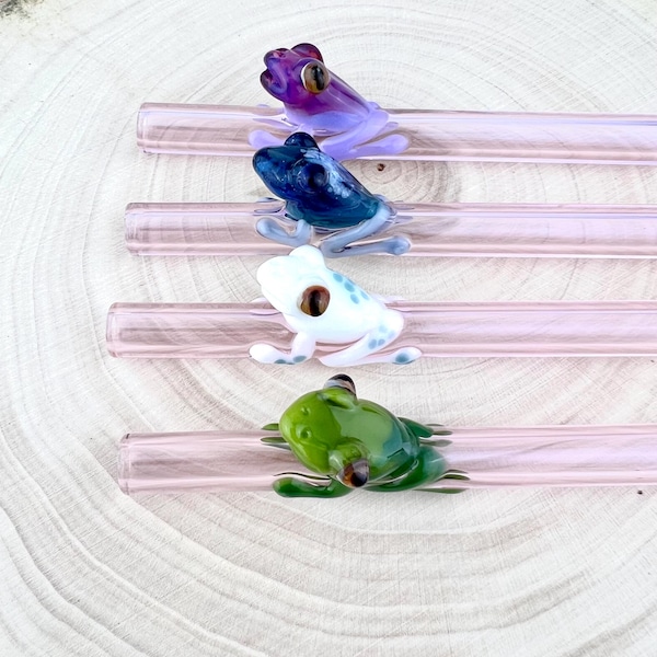 Handmade Frog on Pink Glass Straw: Reusable, Eco-Friendly, Made to Order
