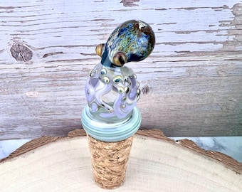 Handblown Glass Octopus on Cork Bottle Stopper : Unique Wine and Beer Gift