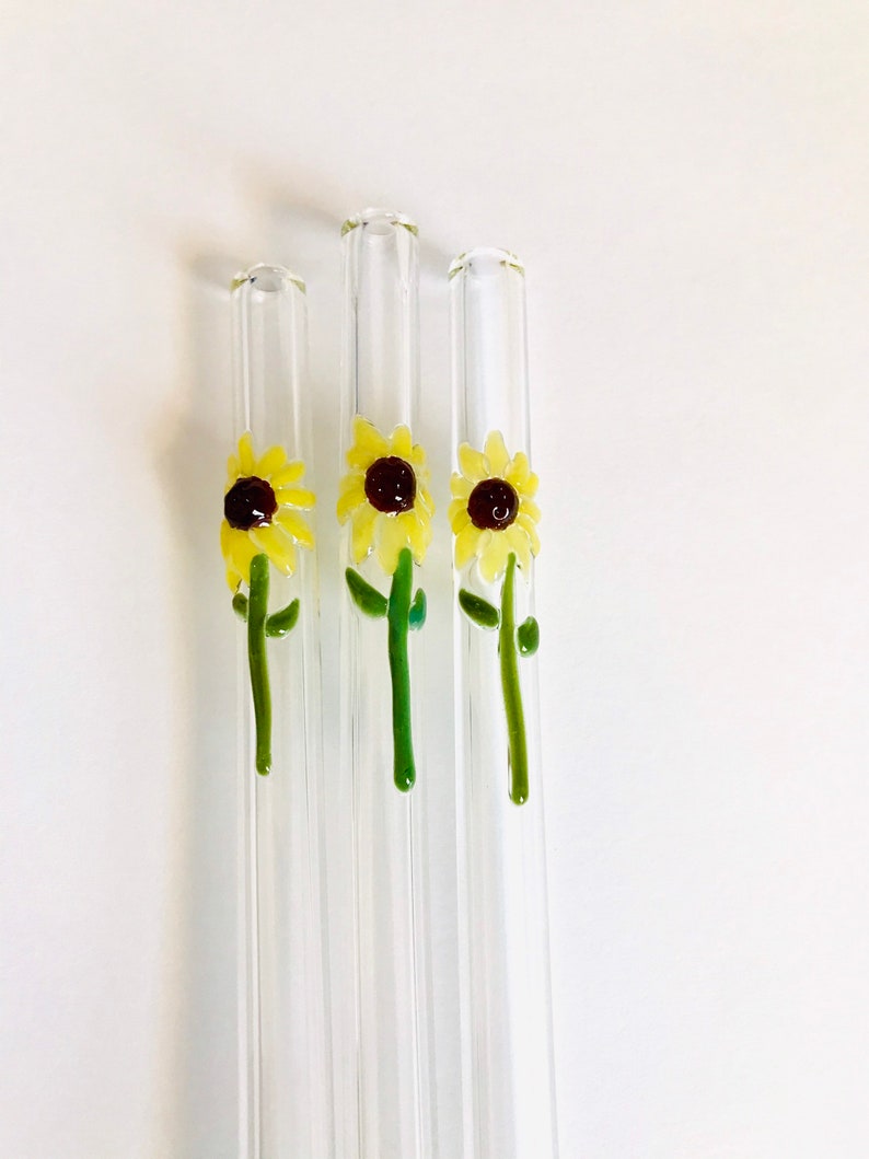 Sunflower GLASS STRAW Reusable Straws Eco Friendly Straw Glass Straws Sunflower Straws Boba Straws Smoothie Straws Thin Straws image 4