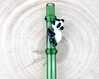 Panda on Green Bamboo GLASS STRAW - Custom Straws | Reusable Straws | Glass Straws | Panda Straws | Unique Gifts | Smoothie Straws
