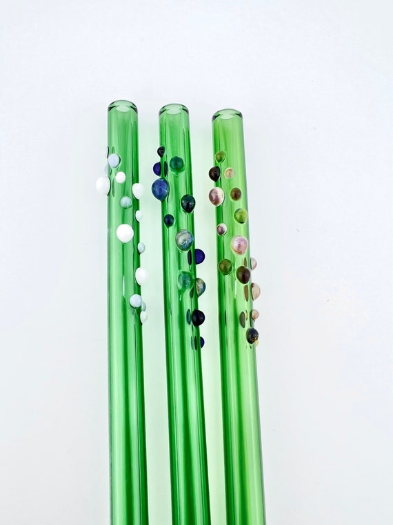 Dot on Green GLASS STRAW Reusable Straws Glass Drinking Straw Dot