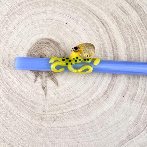 Handmade Octopus Glass Straw: Milky Blue Reusable Straw