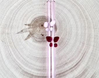 Butterfly on Pink GLASS STRAW - Custom Straws | Reusable Straws | Glass Straws | Butterfly Straws | Pink Straws | Butterfly Gifts
