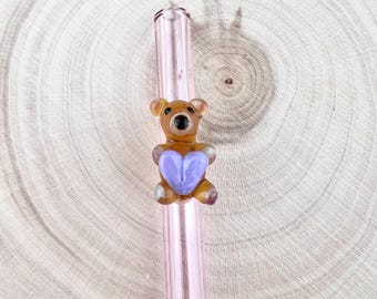 Teddy Bear on Colored Glass Straw: Reusable, Eco Friendly, Handmade