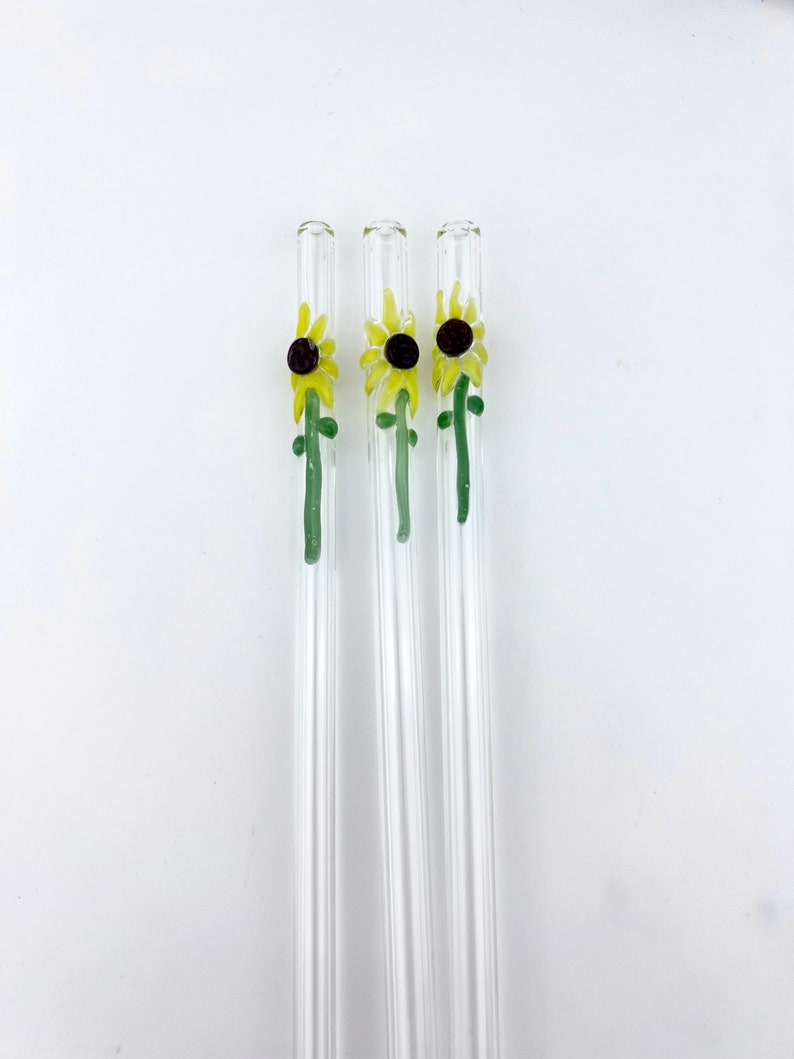 Sunflower GLASS STRAW Reusable Straws Eco Friendly Straw Glass Straws Sunflower Straws Boba Straws Smoothie Straws Thin Straws image 1